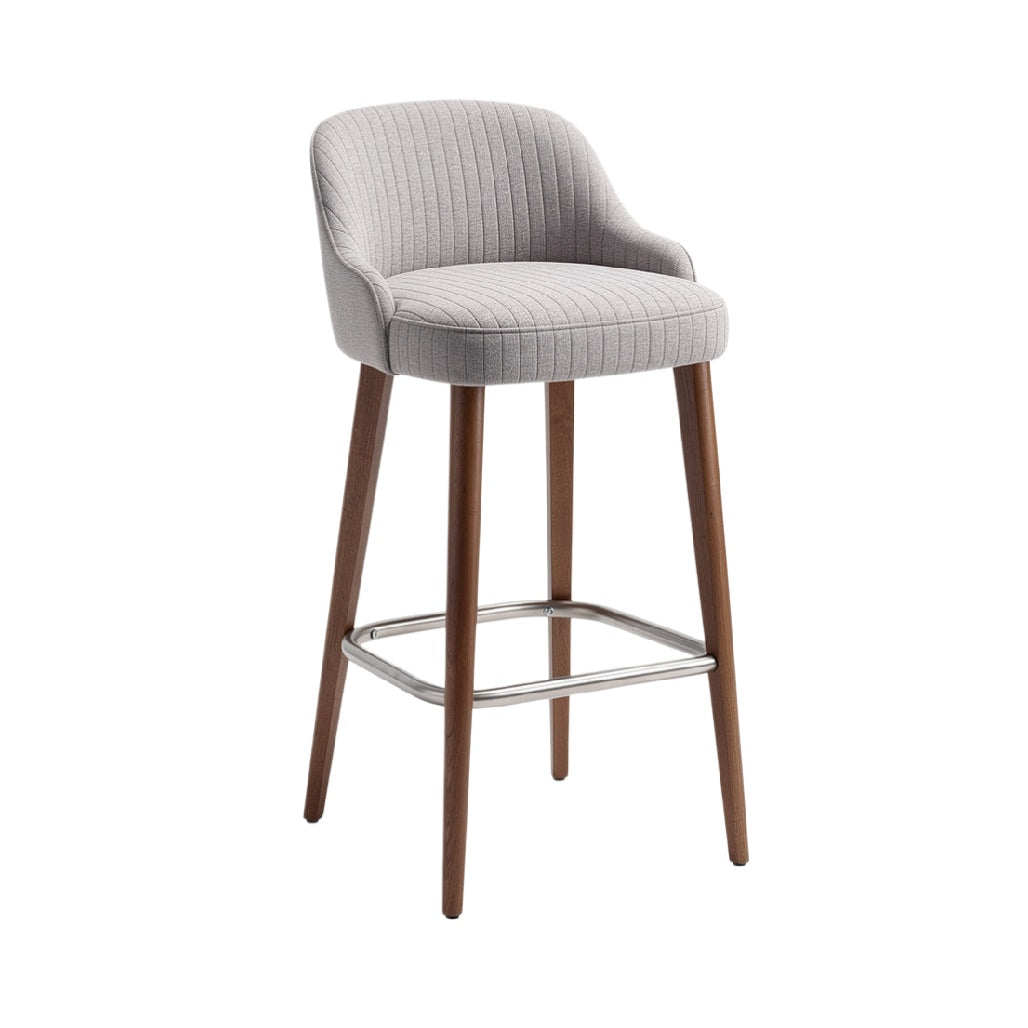 Modern Upholstered Bar Stool with Wood Legs and Chrome Footrest